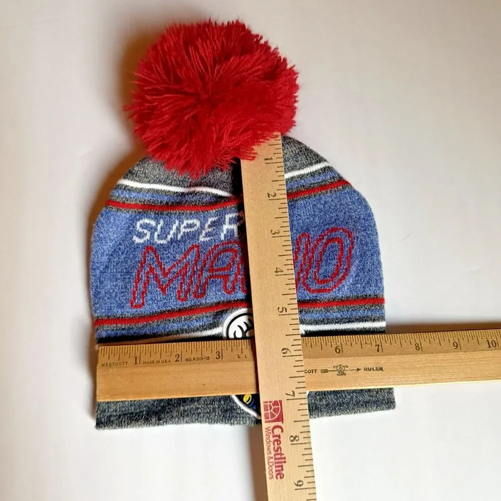 Super Mario Kids Winter Hat Beanie Youth Pom Pom Nintendo Blue Gray Red One Size